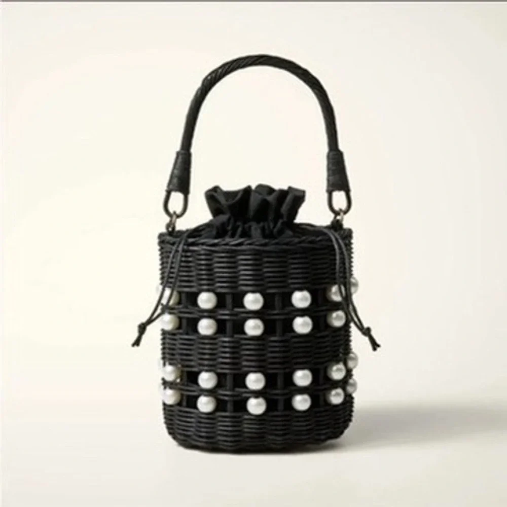 Kate Spade Bucket Bag Womens Small Black Pearl Wicker Handbag NWT
